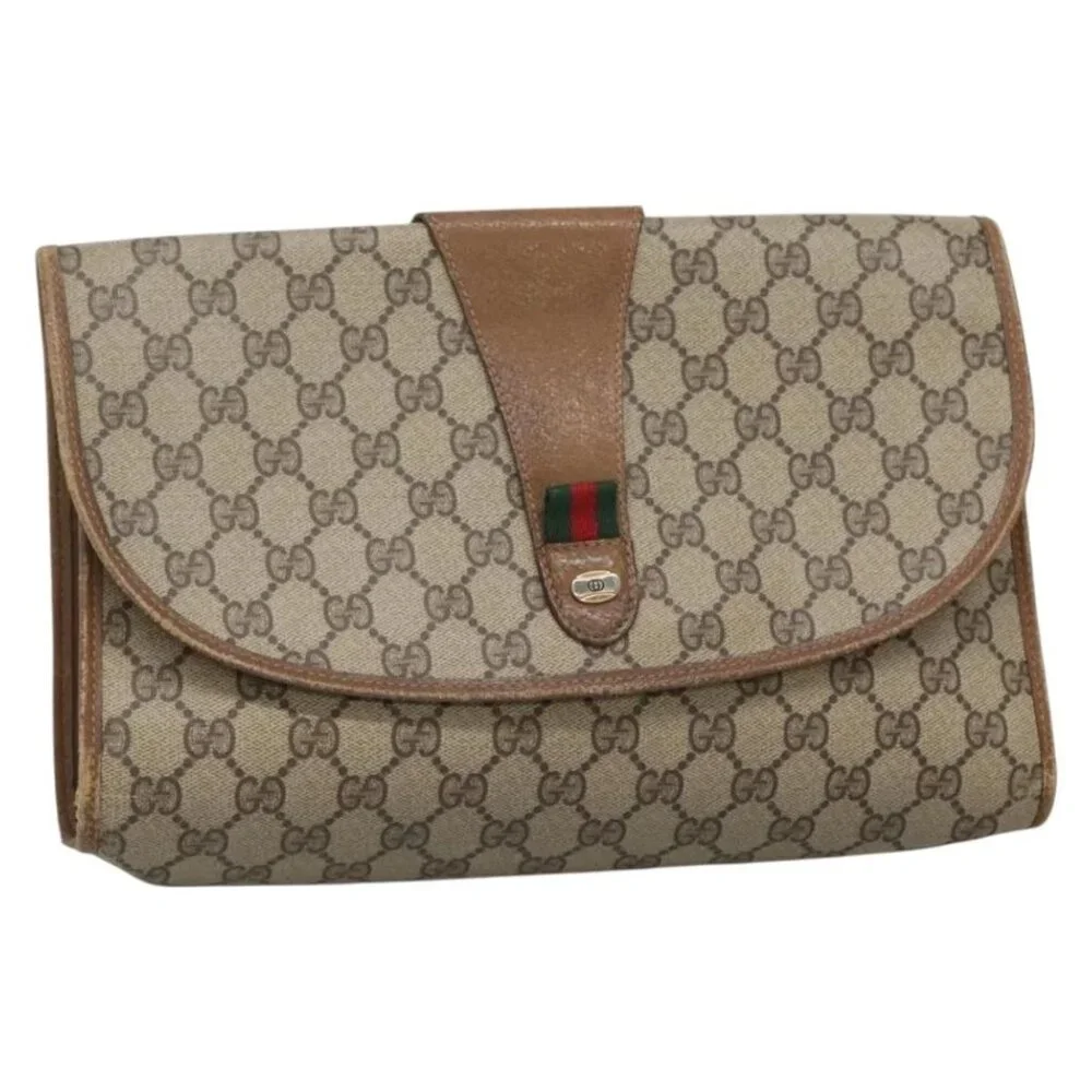 GUCCI GG Supreme Web Sherry Line Clutch Bag PVC Beige Gold 89 01 031 Auth 139970
